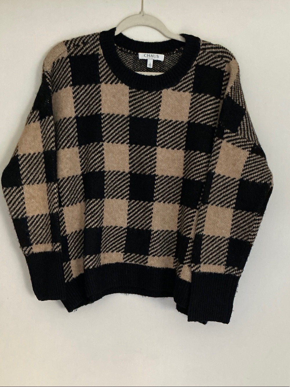 Chaus Black and Tan Buffalo Check Crewneck Sweater
